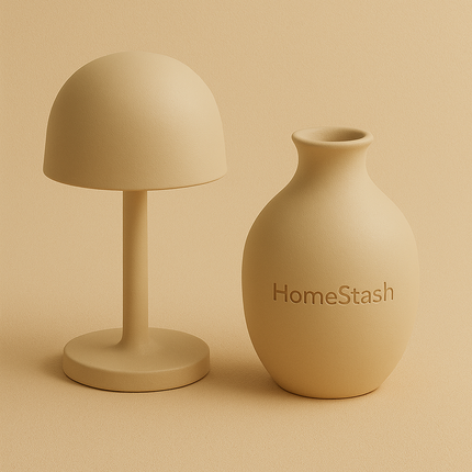 Neutral-toned minimalist lamp and vase with the HomeStash logo, set against a soft beige background, representing original brand designs.