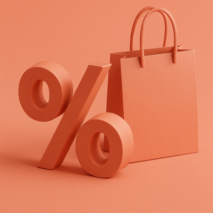 Coral-toned scene featuring a shopping bag and oversized percent sign, symbolizing discounts and special offers.