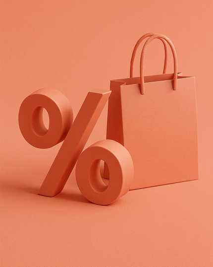 Coral-toned scene featuring a shopping bag and oversized percent sign, symbolizing discounts and special offers.