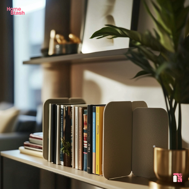 Adjustable shelf dividers holding a row of books neatly organized on a modern bookshelf. The scene includes warm natural lighting, a gold planter, and a minimalistic living room background.