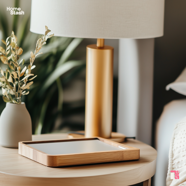 Wireless charging tray with a white base placed on a round wooden bedside table next to a gold lamp and a small decorative vase with greenery.