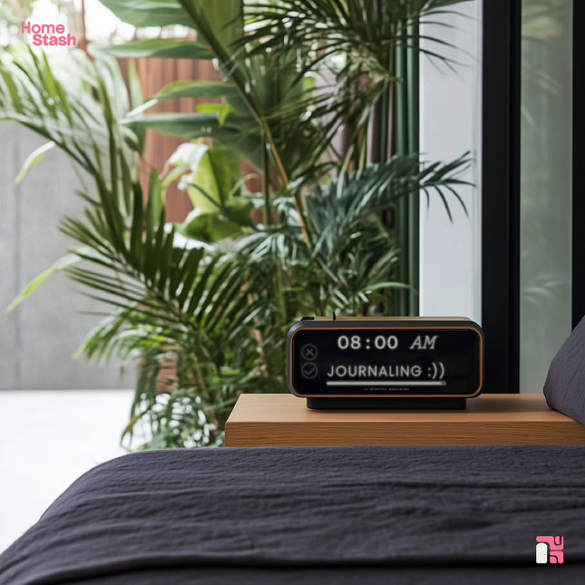 A habit tracking clock displayed on a wooden bedside table next to a bed with dark gray bedding. The clock shows "08:00 AM" and "JOURNALING :))" on its screen. Lush green plants are visible through a large glass window in the background, creating a serene and natural ambiance.