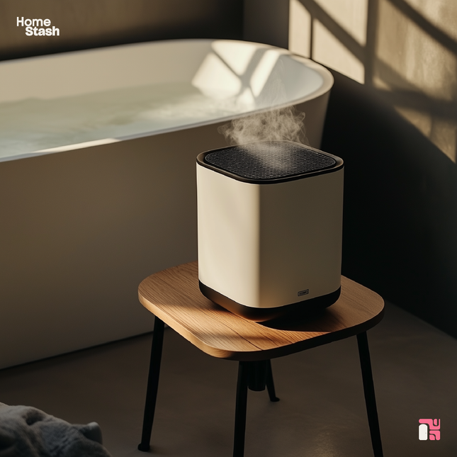 Compact white mini heater and incense diffuser emitting a soft vapor, placed on a wooden stool in a serene bathroom setting. A filled bathtub is visible in the background, illuminated by natural light streaming through the window.
