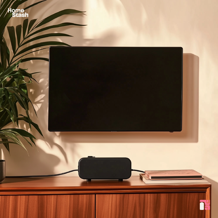 Wall-mounted cable organizer positioned below a flat-screen TV in a modern living room. The sleek black organizer conceals cables, resting on a wooden cabinet alongside stacked books and a decorative plant.