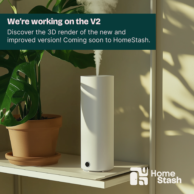 Sleek white cylindrical portable humidifier emitting a soft mist/ Modern design. Placed on a beige shelf next to a terracotta pot with a monstera plant. The scene is illuminated by warm natural light, creating a serene and cozy atmosphere.
