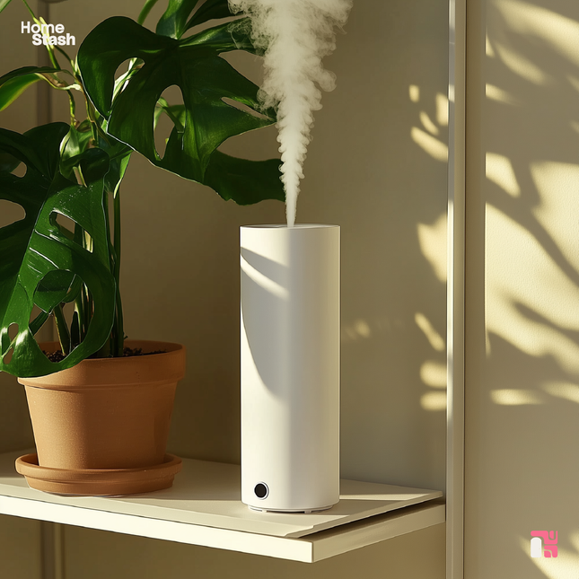 Sleek white cylindrical portable humidifier emitting a soft mist/ Modern design. Placed on a beige shelf next to a terracotta pot with a monstera plant. The scene is illuminated by warm natural light, creating a serene and cozy atmosphere.