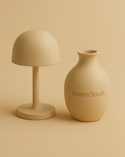 Neutral-toned minimalist lamp and vase with the HomeStash logo, set against a soft beige background, representing original brand designs.