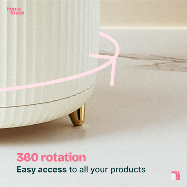 Rotating makeup organizer demonstrating 360-degree rotation for easy access to cosmetics and beauty essentials.