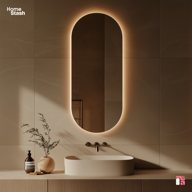 Oval shaped fog free mirror, with integrated LED lighting, modern design and affordable