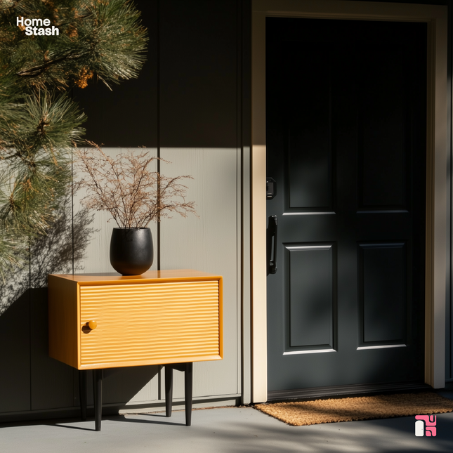 A wooden outdoor shoe rack with a textured front panel and black legs, midcentury design style, placed beside a dark green front door. A black vase with dried branches sits atop the rack, adding a decorative touch. The scene is set on a porch bathed in natural sunlight, with shadows from nearby trees