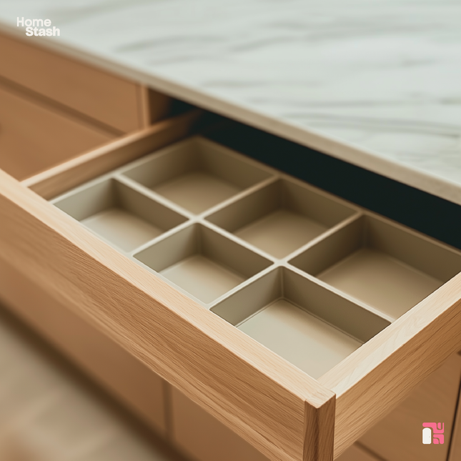 Adjustable drawer organizer placed inside a wooden kitchen drawer, featuring six empty compartments for customizable organization.
