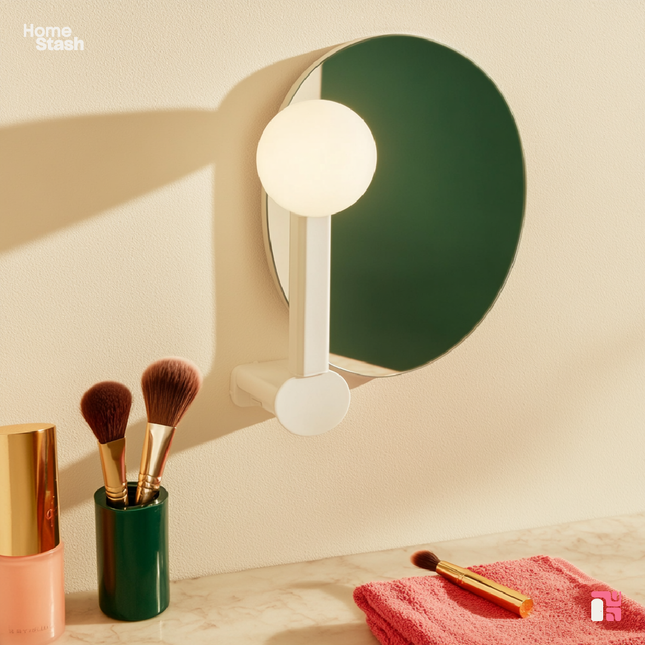 Adjustable vanity light attached to a circular mirror, softly illuminating a makeup area with brushes and a pink towel on a marble countertop.