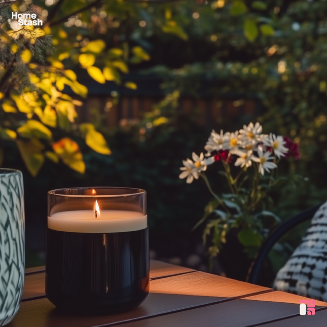 Black glass anti-insect candle with a flickering flame, placed on a wooden outdoor table during dusk. Surrounded by a cozy garden scene with blooming daisies, designed to repel insects while adding a warm, tranquil ambiance.