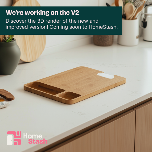 Bamboo cutting board with built-in compartments placed on a white kitchen countertop. The scene includes neatly arranged kitchen accessories such as jars, utensils, and a cutting board in the background. A clean and minimalist kitchen setup with natural lighting.