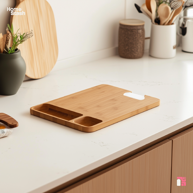 Bamboo cutting board with built-in compartments placed on a white kitchen countertop. The scene includes neatly arranged kitchen accessories such as jars, utensils, and a cutting board in the background. A clean and minimalist kitchen setup with natural lighting.