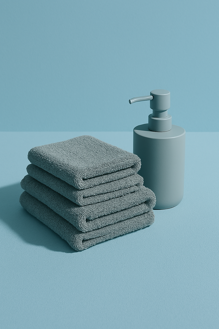 Minimalist bathroom setup featuring a stack of four folded grey hand towels next to a matte blue soap dispenser on a monochrome blue background.
