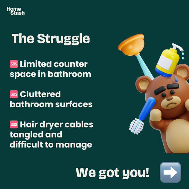 Cartoon bear overwhelmed by messy bathroom, highlighting common struggles like limited counter space, cluttered surfaces, and tangled hair dryer cords.