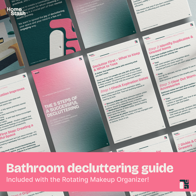 Isometric display of digital PDF guide cover featuring beauty and makeup organization tips, included as a free bonus with the HomeStash Rotating Makeup Organizer.