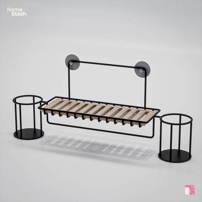 Stylish wall-mounted shower organizer with suction cups. High-capacity design with water-resistant features.