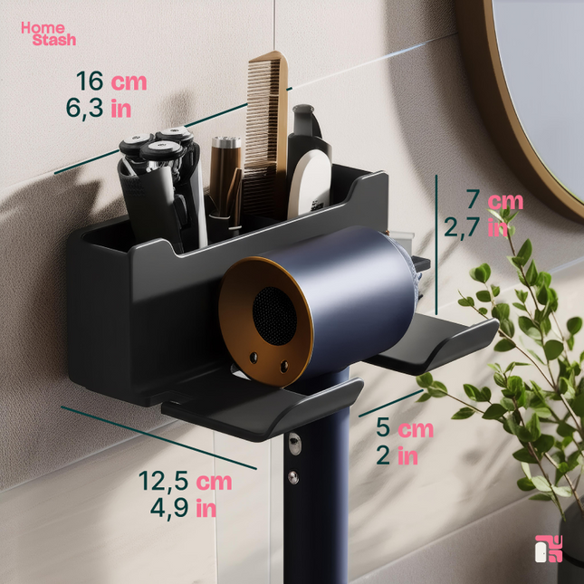 Wall-mounted bathroom hair dryer holder with labeled dimensions, featuring compartments for tools and accessories in a compact, modern storage design.