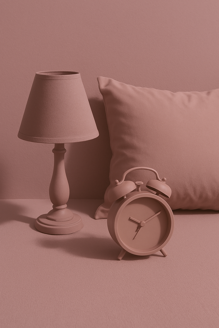 Monochrome rose-toned bedroom setup with a classic twin-bell alarm clock, soft pillow, and traditional bedside lamp arranged on a fabric-textured surface.