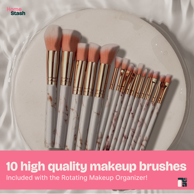 Full set of 10 marble-patterned makeup brushes with soft pink bristles and gold ferrules, arranged on a white circular surface with a rippling water effect.