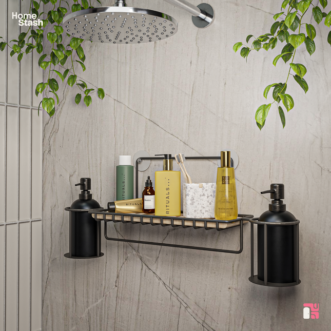 Compact Shower Organizer with black metal and wood finish, featuring dual suction cups for sturdy wall mounting. Ideal for toiletries and soap dispensers.