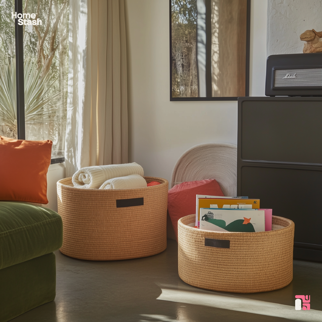 Decorative storage baskets made from woven rattan, placed in a cozy living room corner. One basket holds rolled-up white blankets, while the other contains colorful books and magazines. The setting features natural light, soft furnishings, and a modern cabinet.
