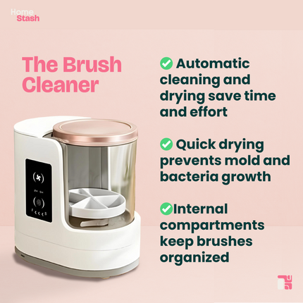 Electric Makeup Brush Cleaner & Dryer displayed with benefit callouts: automatic cleaning, quick drying, and internal compartments for organized storage.
