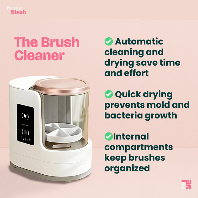 Electric Makeup Brush Cleaner & Dryer displayed with benefit callouts: automatic cleaning, quick drying, and internal compartments for organized storage.
