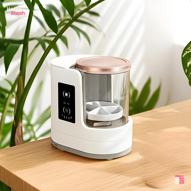 Front view of the Electric Makeup Brush Cleaner & Dryer with a rose gold lid and transparent chamber, shown on a wood surface with indoor plants in the background.