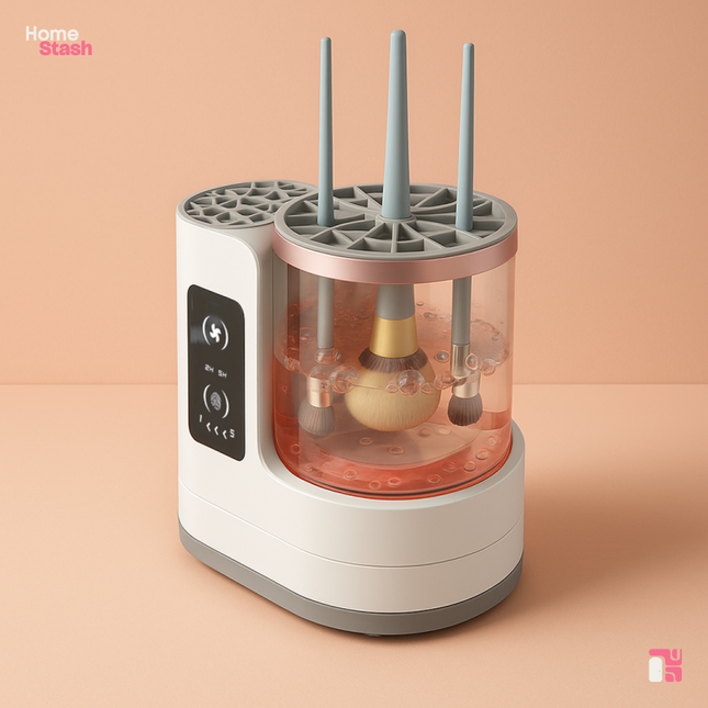 Electric Makeup Brush Cleaner & Dryer actively washing multiple brushes in a transparent chamber filled with soapy water, shown against a peach-toned background.