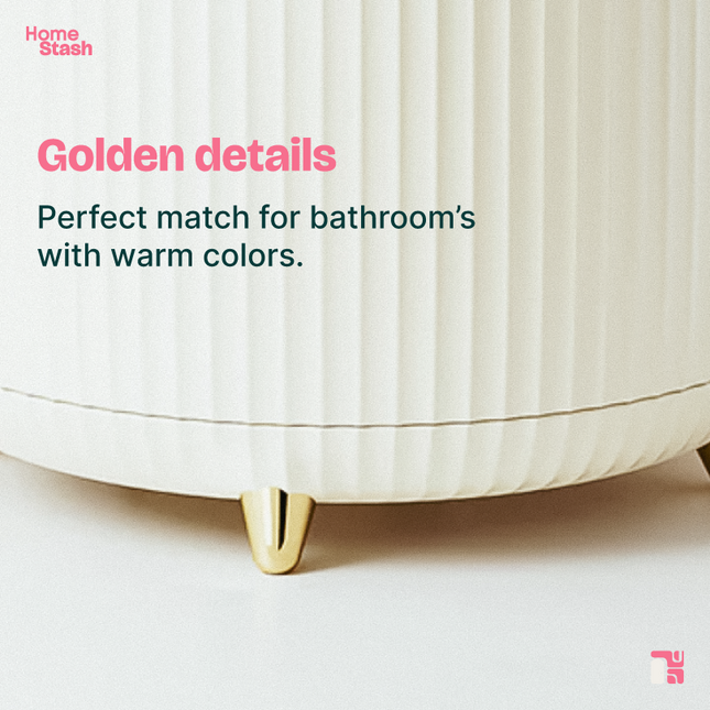Close-up of a rotating makeup brush organizer highlighting gold legs and ribbed texture, designed to complement warm bathroom colors.