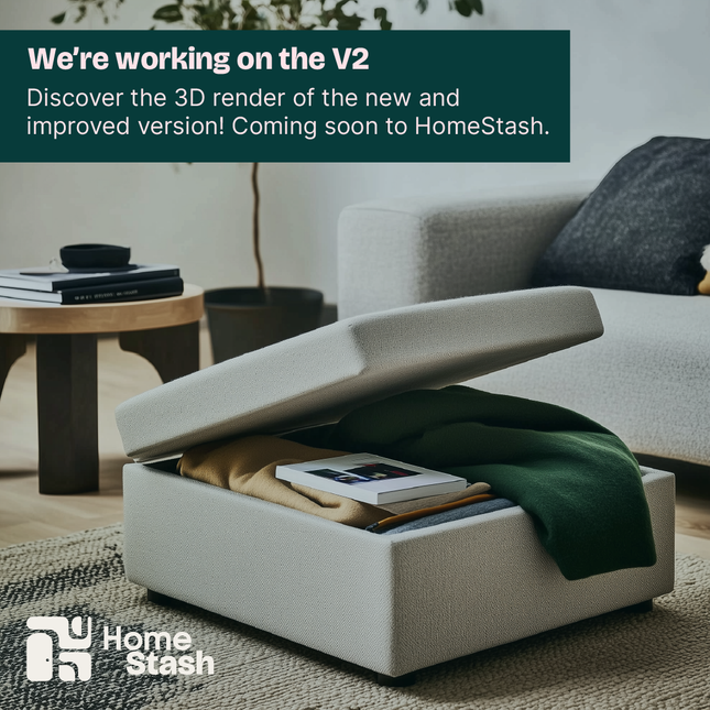 Hidden storage ottoman with a partially open lid, showing neatly folded blankets, a book, and small items. Positioned in a modern living room with a beige sofa, a round wooden side table, and a cozy rug.