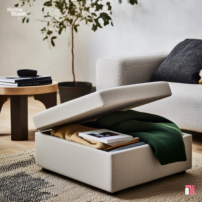 Hidden storage ottoman with a partially open lid, showing neatly folded blankets, a book, and small items. Positioned in a modern living room with a beige sofa, a round wooden side table, and a cozy rug.