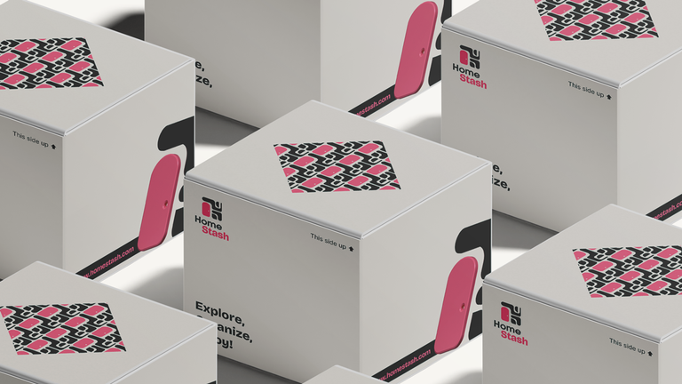 HomeStash branded packaging boxes featuring pink and green geometric patterns and the HomeStash logo.