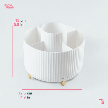 White rotating makeup brush organizer with gold legs, displaying product dimensions in centimeters and inches.