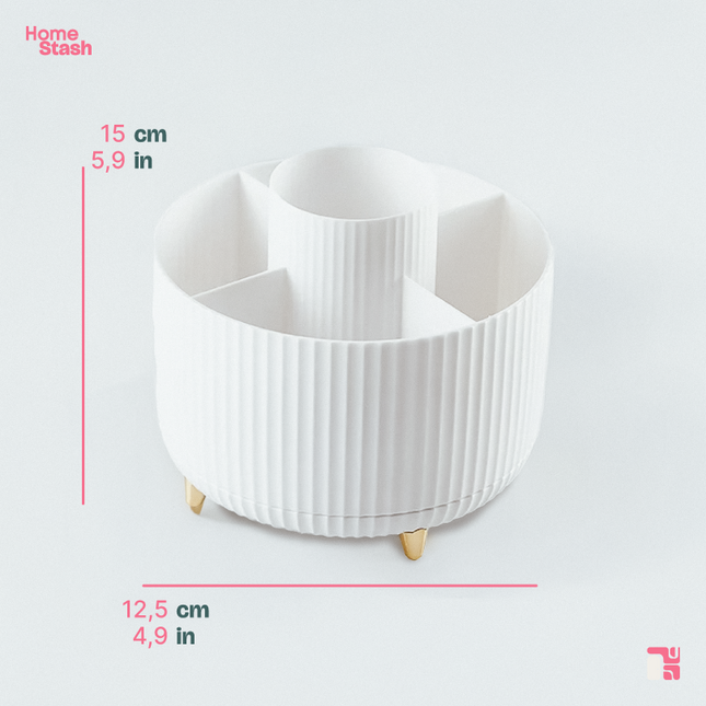 White rotating makeup brush organizer with gold legs, displaying product dimensions in centimeters and inches.