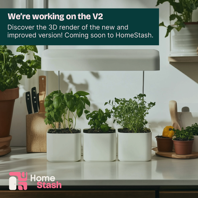 A mini indoor herb garden kit with four white pots containing fresh herbs like basil and parsley, placed on a bright kitchen countertop. An LED grow light is positioned above the pots, and the background includes kitchen tools and potted plants.