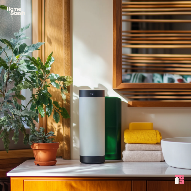 Sleek portable humidifier placed on a bathroom countertop, surrounded by towels, a potted plant, and a mirror reflecting natural light.