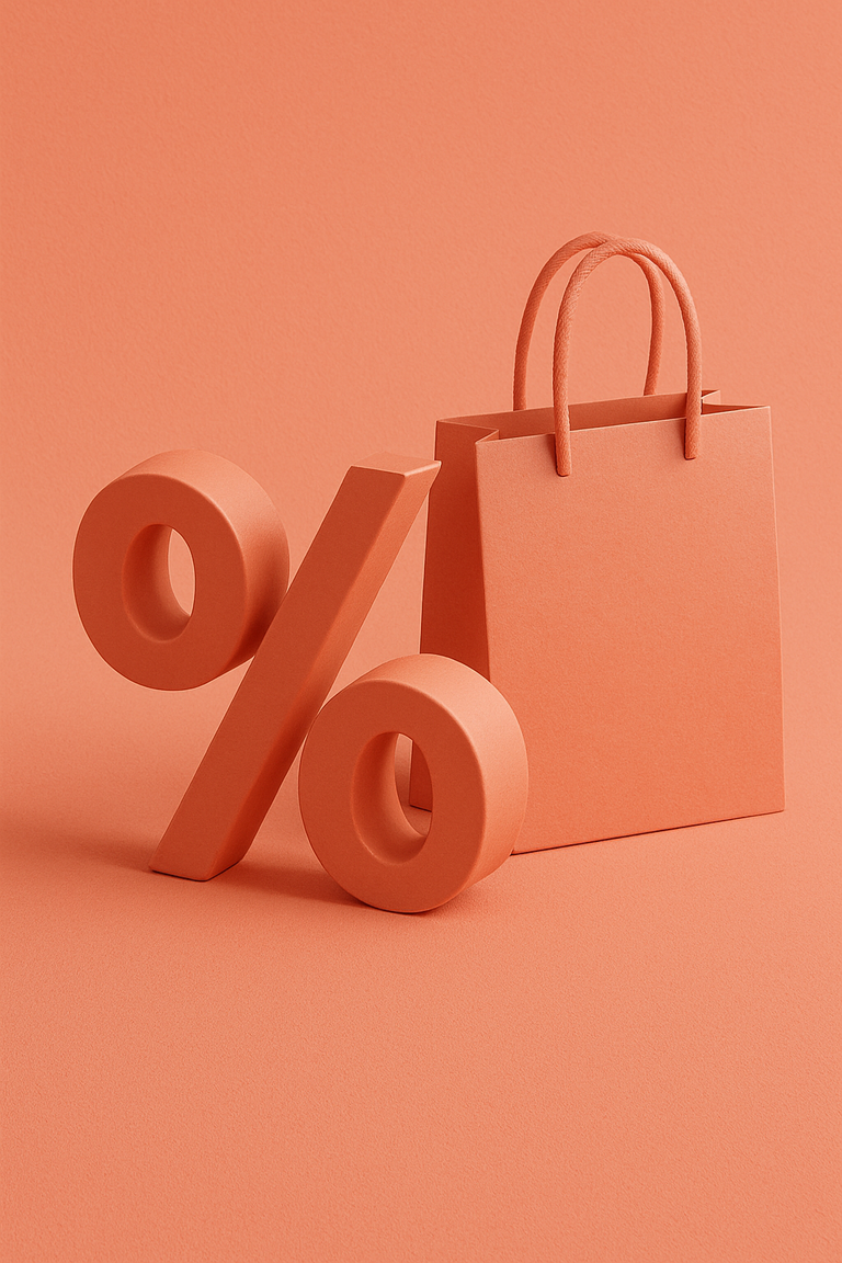 Coral-toned scene featuring a shopping bag and oversized percent sign, symbolizing discounts and special offers.
