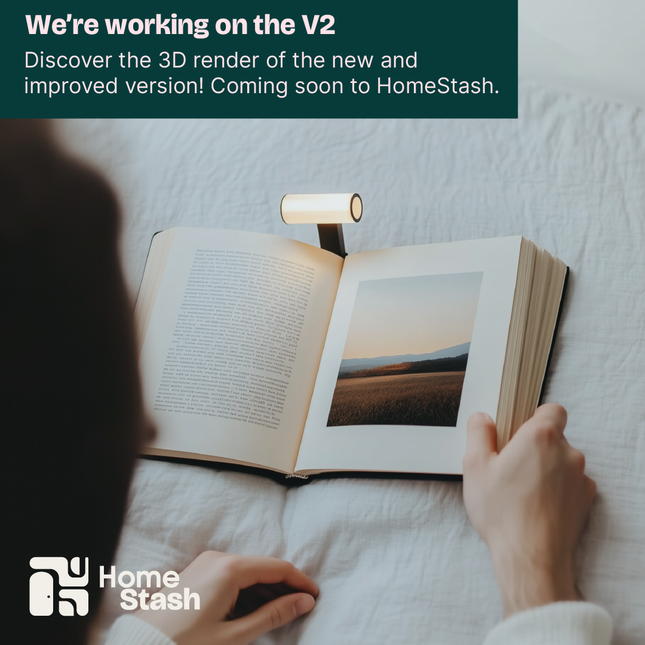 Rechargeable book light clipped to an open book, illuminating the pages. The book is resting on a white bedspread, and soft lighting creates a cozy reading atmosphere.