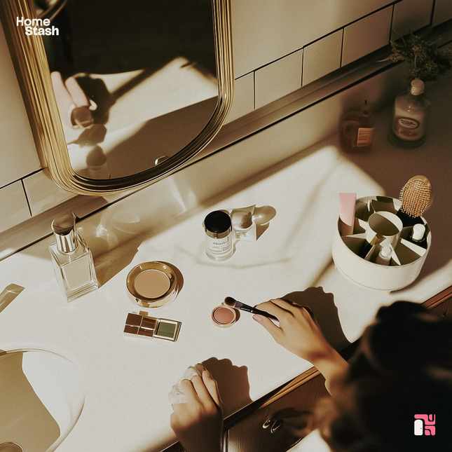 Rotating makeup brush organizer on a bathroom countertop with cosmetics and beauty tools neatly arranged.