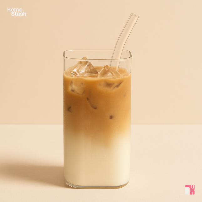 Clear square coffee cup made of borosilicate glass, filled with iced latte and paired with a glass straw and secure lid, styled in warm, minimal settings.