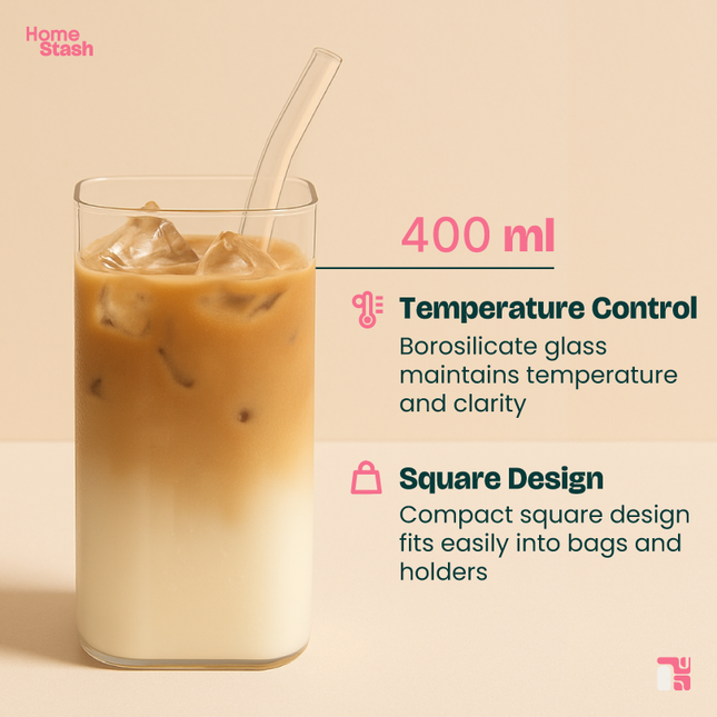 400ml square transparent coffee cup with iced latte, glass straw, and feature highlights on borosilicate temperature control and compact square design.