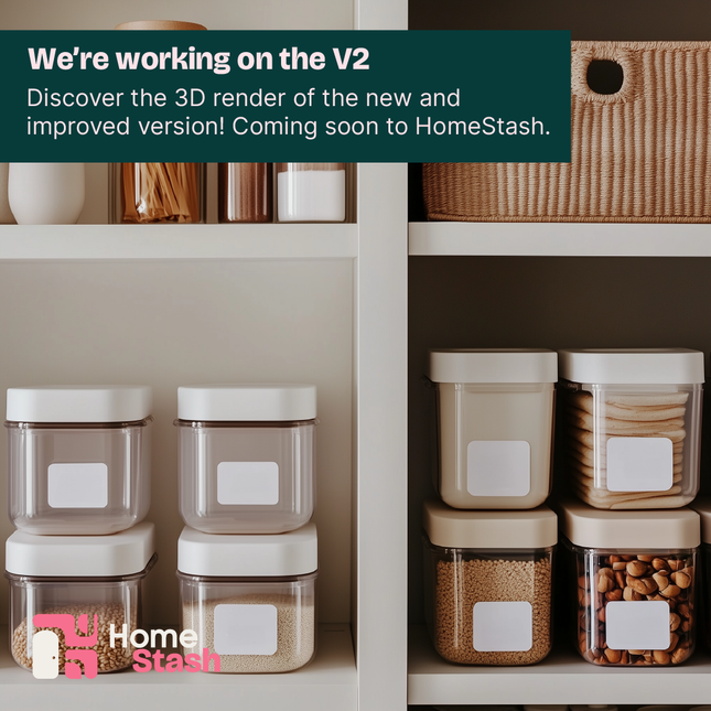 Stackable food containers with white lids neatly organized on pantry shelves. Containers hold dry goods such as nuts, pasta, and grains, with writable labels for easy identification. A woven basket and glass jars with wooden lids complete the tidy, minimalist pantry setup.