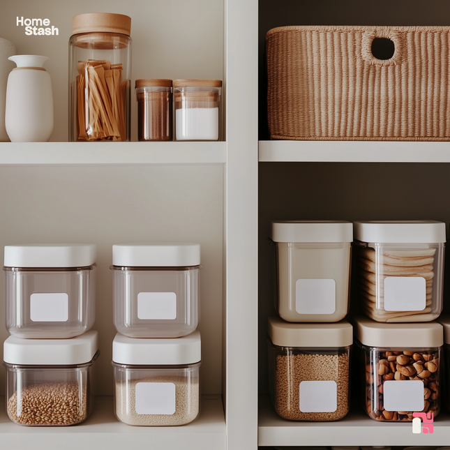 Stackable food containers with white lids neatly organized on pantry shelves. Containers hold dry goods such as nuts, pasta, and grains, with writable labels for easy identification. A woven basket and glass jars with wooden lids complete the tidy, minimalist pantry setup.