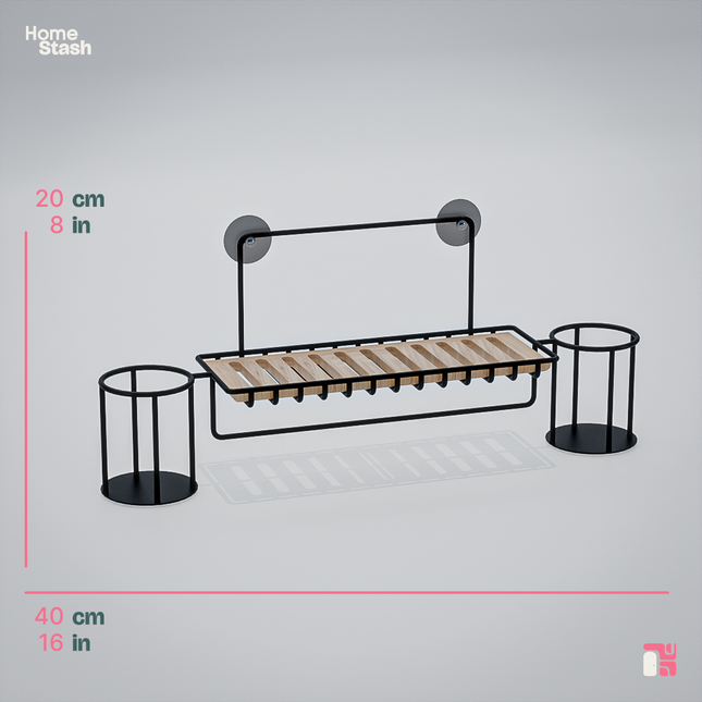 Compact Shower Organizer with black metal and wood finish, 8 by 16 inches or 20 by 40 cm.