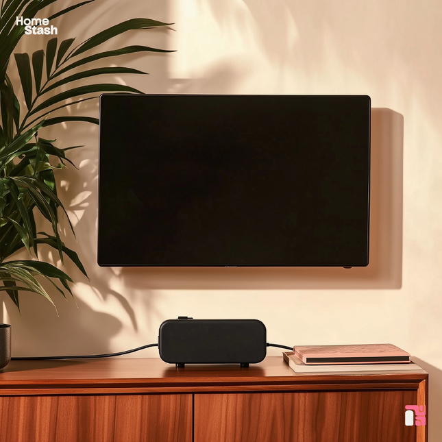 Wall-mounted cable organizer positioned below a flat-screen TV in a modern living room. The sleek black organizer conceals cables, resting on a wooden cabinet alongside stacked books and a decorative plant.