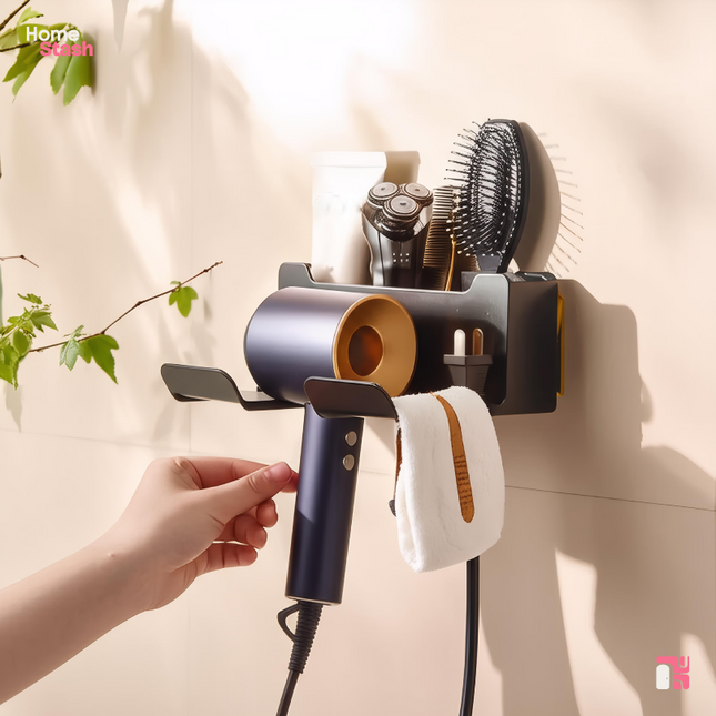 Wall-mounted hair dryer holder in a modern bathroom setup, neatly storing a dryer, brushes, razors, and accessories with a sleek and space-saving design.

